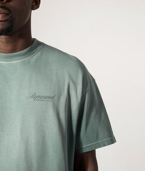 Represent Owners Club Script T-Shirt by Represent in Vintage Green. Shot by EQVVS. Detail shot.