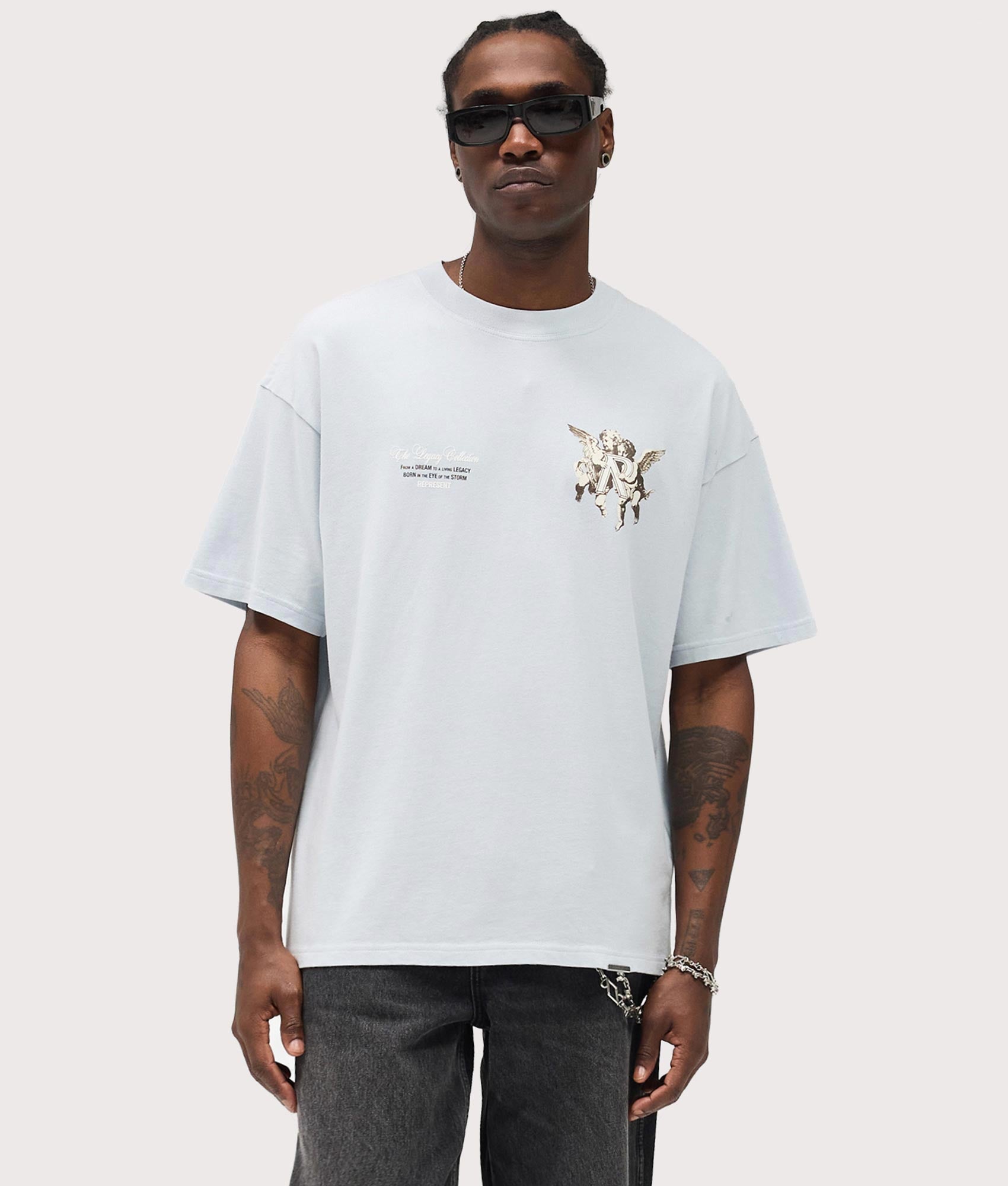 Legacy Cherubs T-Shirt in Cloud. 100% Cotton | REPRESENT | EQVVS | Front model shot 