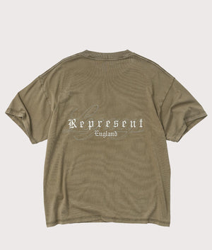 Legacy T-Shirt by Represent in Aged Khaki. Shot by EQVVS. Back flat shot.