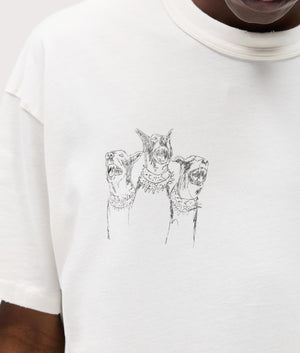 Relaxed Fit Hand Drawn Thoroughbred Dogs T-Shirt in Washed Ecru . 100% Cotton | REPRESENT | EQVVS | Front model detail shot 1
