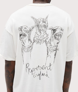 Relaxed Fit Hand Drawn Thoroughbred Dogs T-Shirt in Washed Ecru . 100% Cotton | REPRESENT | EQVVS | Back angle model shot 