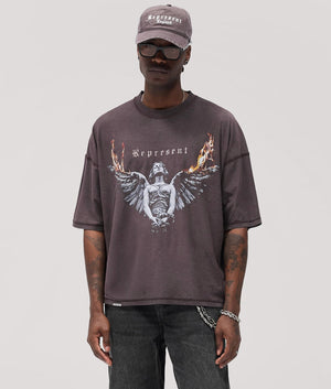 Reversible Living Legacy Tour T-Shirt by Represent in Sun Fade Grey. Shot by EQVVS. Front Internal shot.