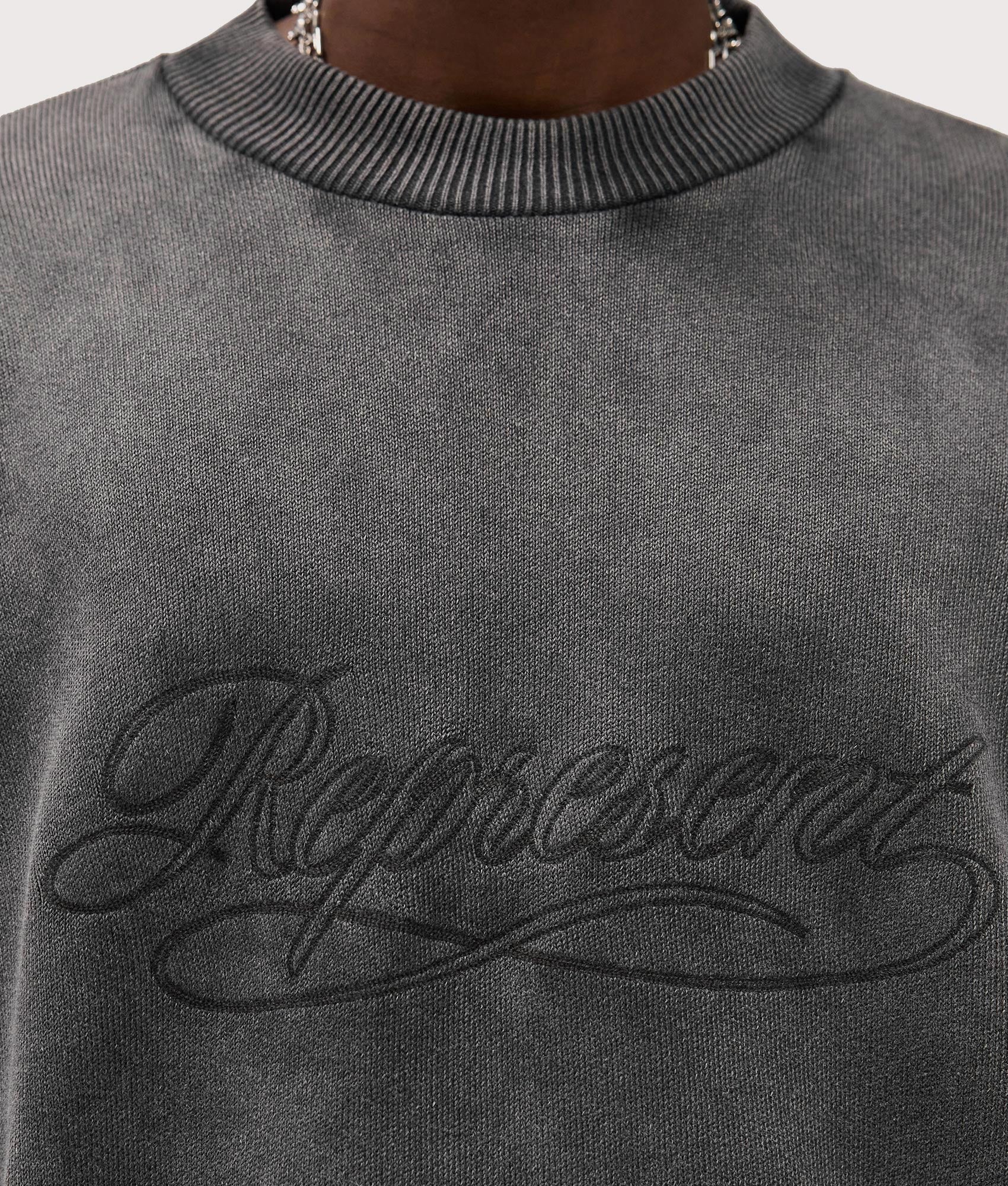 Oversized Fit Stamped Sweatshirt in Vintage Grey . 100% Cotton | REPRESENT | EQVVS | Front model detail shot 