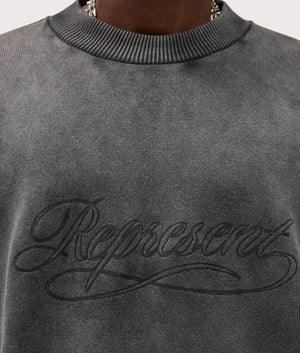 Oversized Fit Stamped Sweatshirt in Vintage Grey . 100% Cotton | REPRESENT | EQVVS | Front model detail shot 