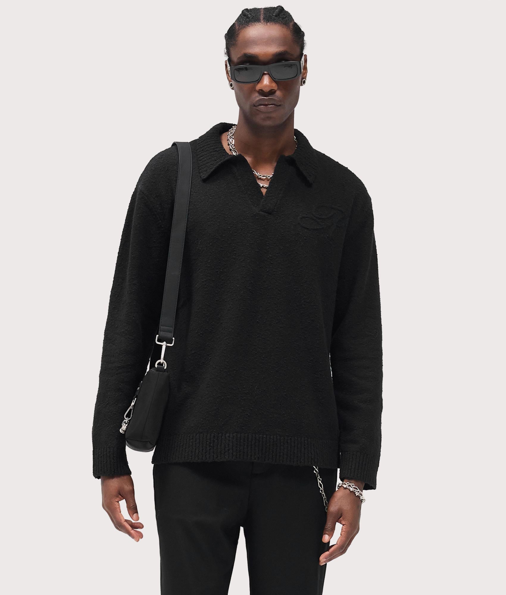 Relaxed Fit Long Sleeve Ribbed Polo Collar Knit in Jet Black | REPRESENT | EQVVS | Front model shot 1