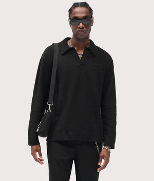 Relaxed Fit Long Sleeve Ribbed Polo Collar Knit in Jet Black | REPRESENT | EQVVS | Front model shot 1