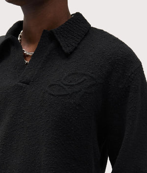 Relaxed Fit Long Sleeve Ribbed Polo Collar Knit in Jet Black | REPRESENT | EQVVS | Front model detail shot 