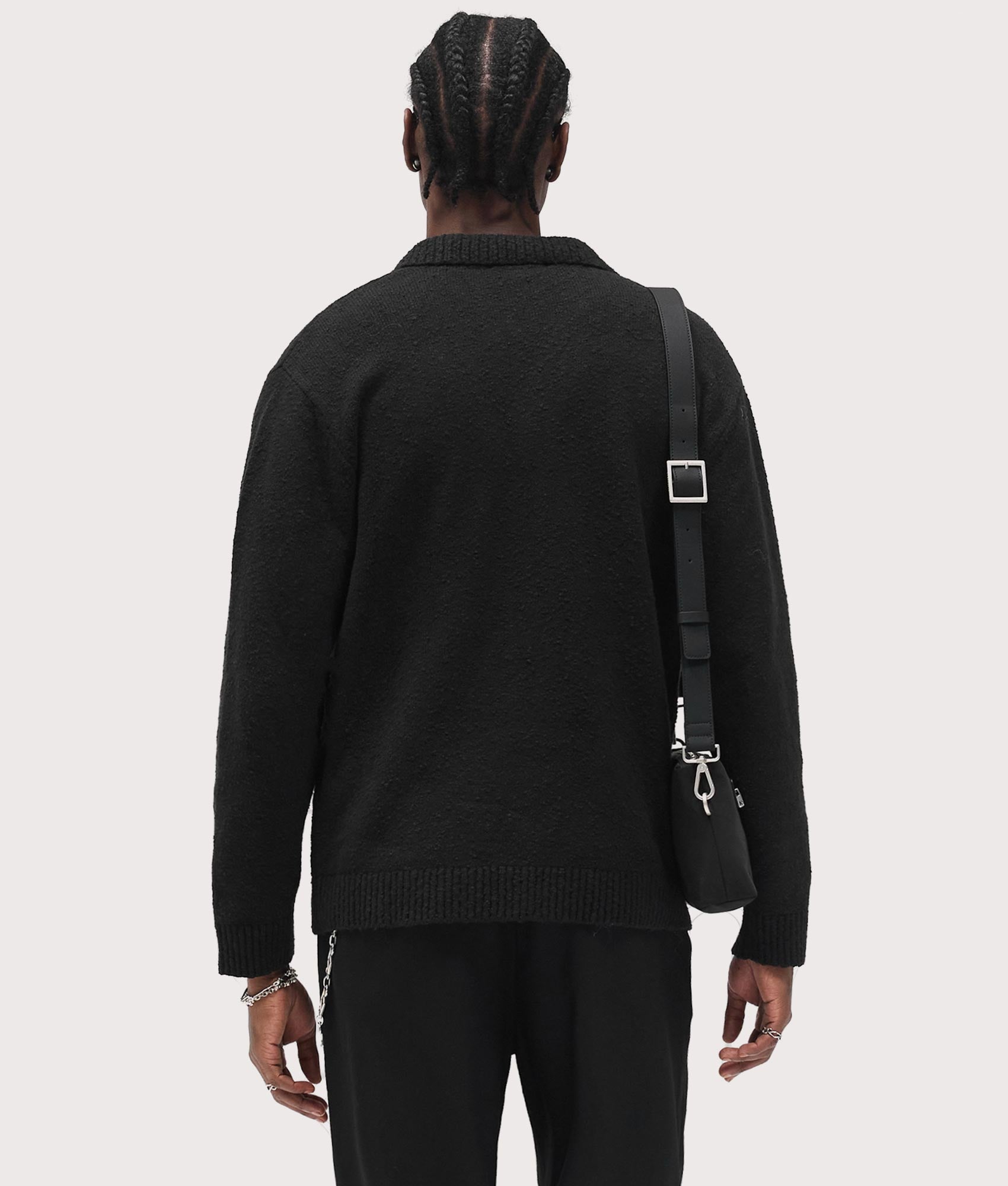 Relaxed Fit Long Sleeve Ribbed Polo Collar Knit in Jet Black | REPRESENT | EQVVS | Back model shot 1