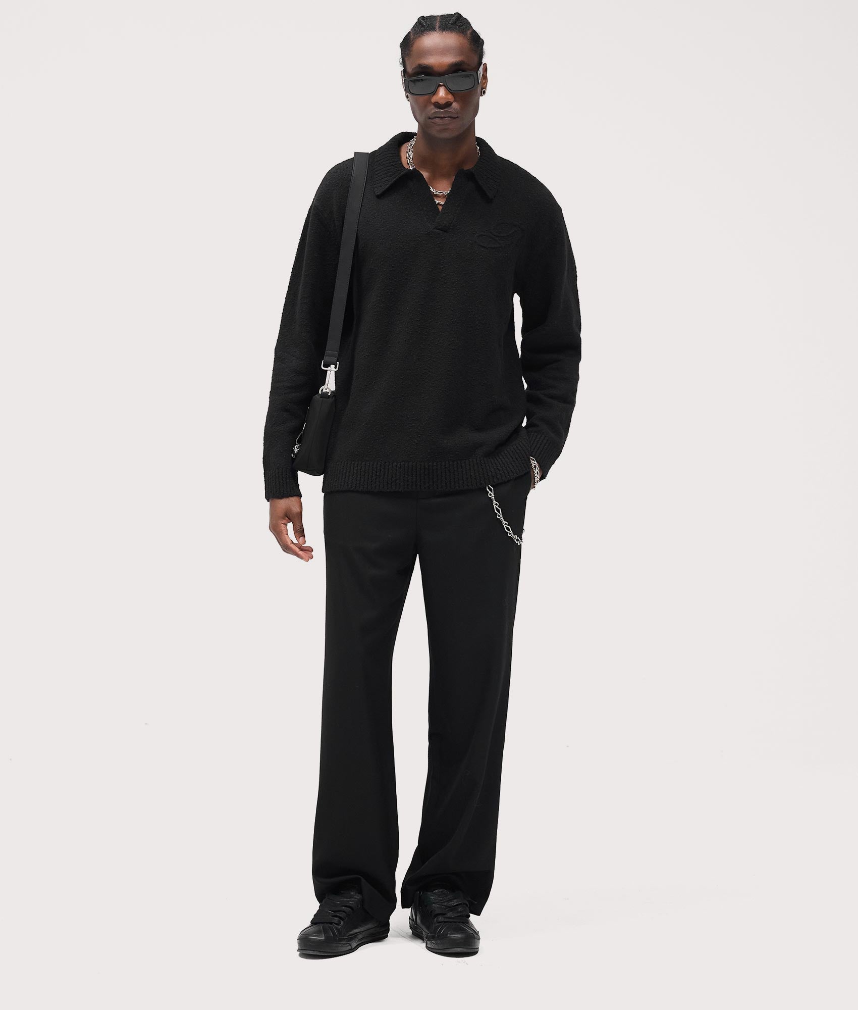 Relaxed Fit Long Sleeve Ribbed Polo Collar Knit in Jet Black | REPRESENT | EQVVS | Front model shot 2 