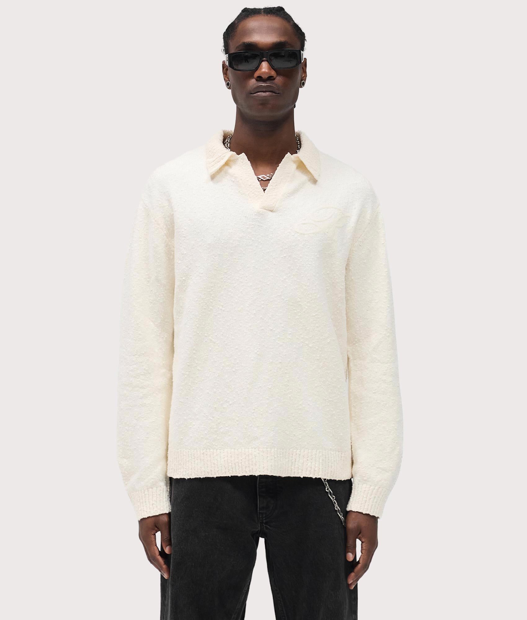 Relaxed Fit Long Sleeve Ribbed Polo Collar Knit in Jet Black | REPRESENT | EQVVS | Front model shot 1