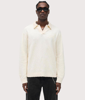 Relaxed Fit Long Sleeve Ribbed Polo Collar Knit in Jet Black | REPRESENT | EQVVS | Front model shot 1