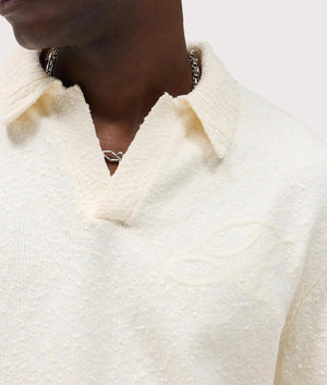 Relaxed Fit Long Sleeve Ribbed Polo Collar Knit in Jet Black | REPRESENT | EQVVS | Front model detail shot 