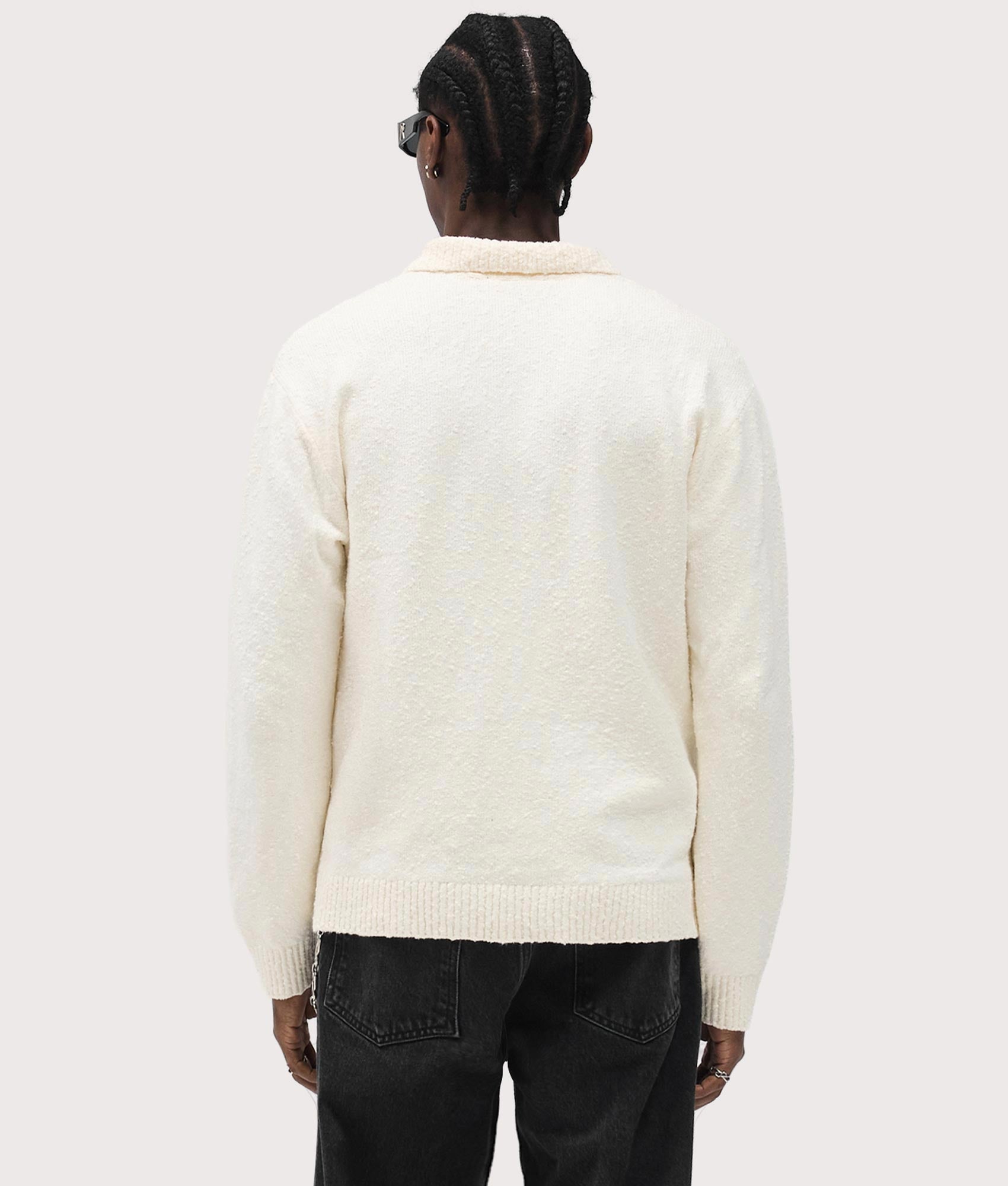 Relaxed Fit Long Sleeve Ribbed Polo Collar Knit in Jet Black | REPRESENT | EQVVS | Back model shot
