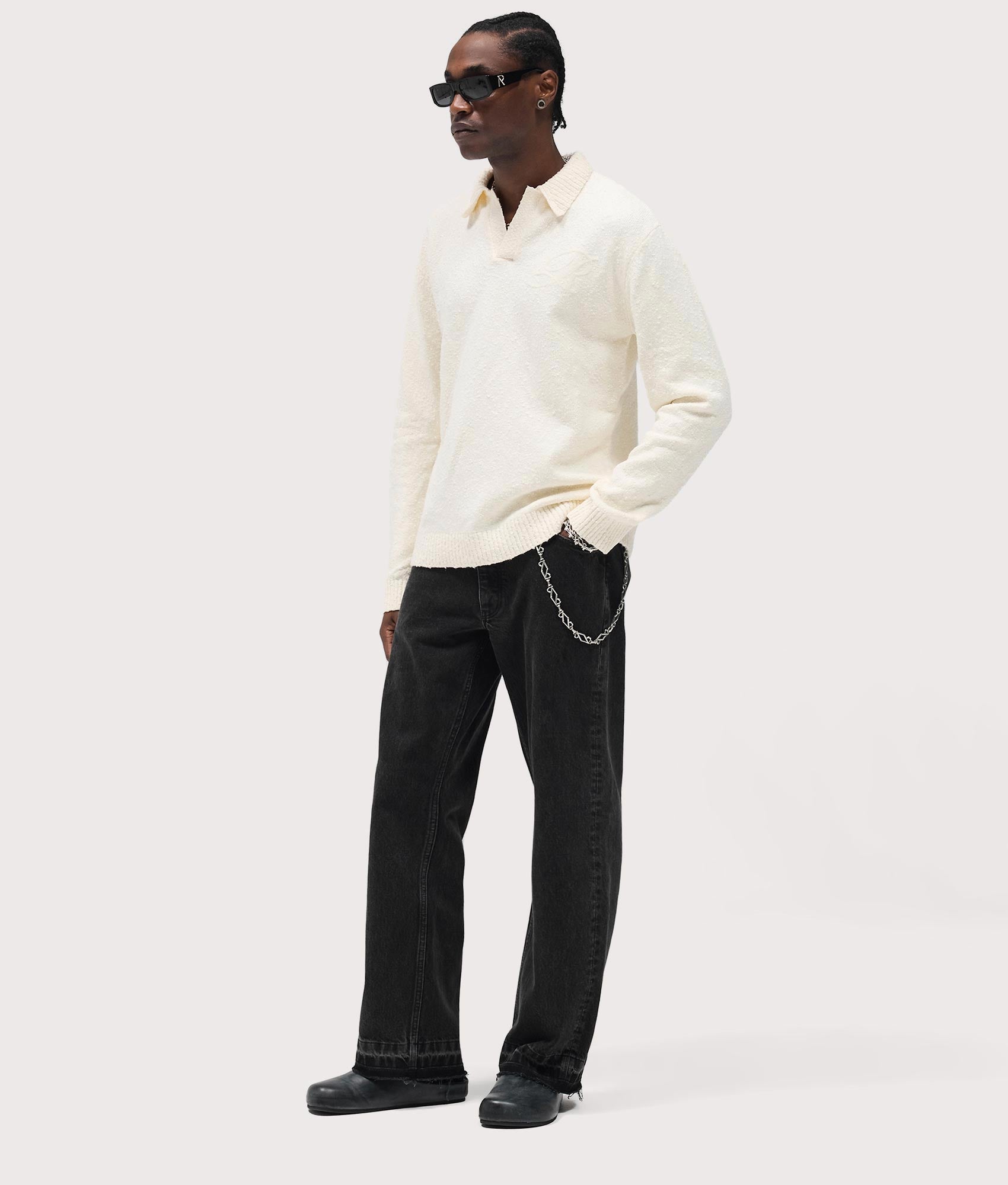 Relaxed Fit Long Sleeve Ribbed Polo Collar Knit in Jet Black | REPRESENT | EQVVS | Front model shot 2