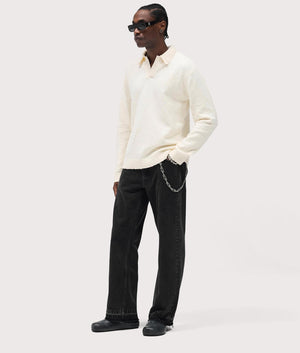 Relaxed Fit Long Sleeve Ribbed Polo Collar Knit in Jet Black | REPRESENT | EQVVS | Front model shot 2