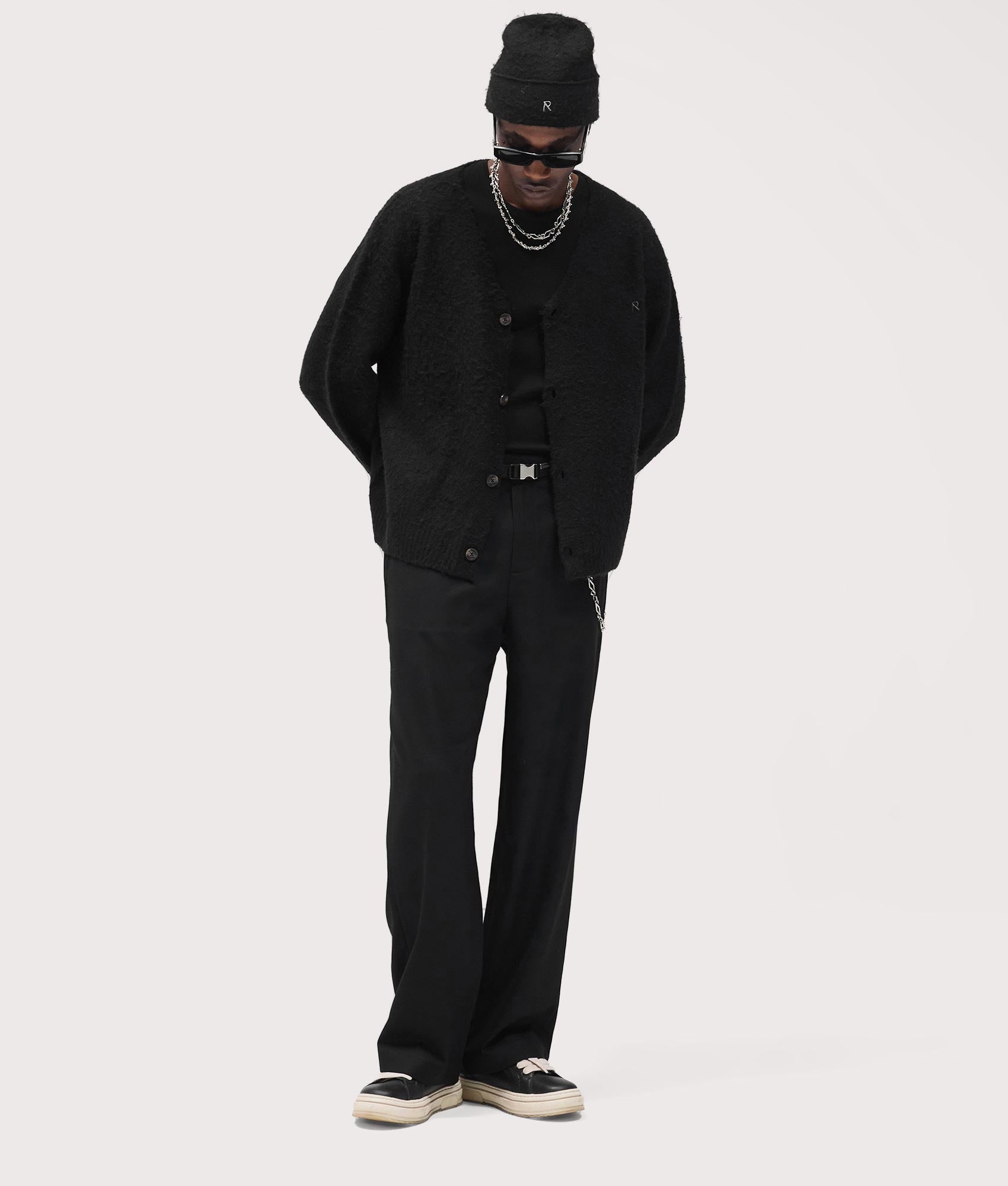 Textured Knit Cardigan in Jet Black | REPRESENT | EQVVS | Front model shot 2