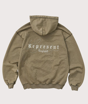 Legacy Hoodie by Represent in Aged Khaki. Shot by EQVVS. Back model shot.
