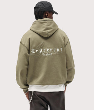 Legacy Hoodie by Represent in Aged Khaki. Shot by EQVVS. Back model shot.