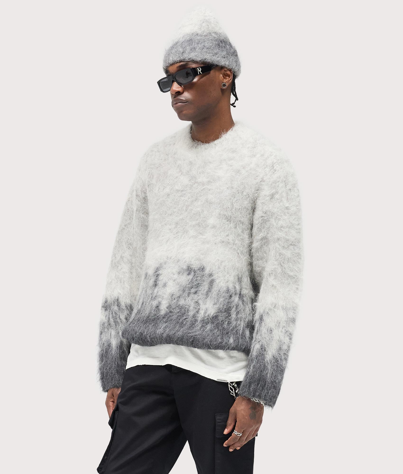 Ombre Sweatshirt by Represent in Light Grey. Shot by EQVVS. Front model shot.