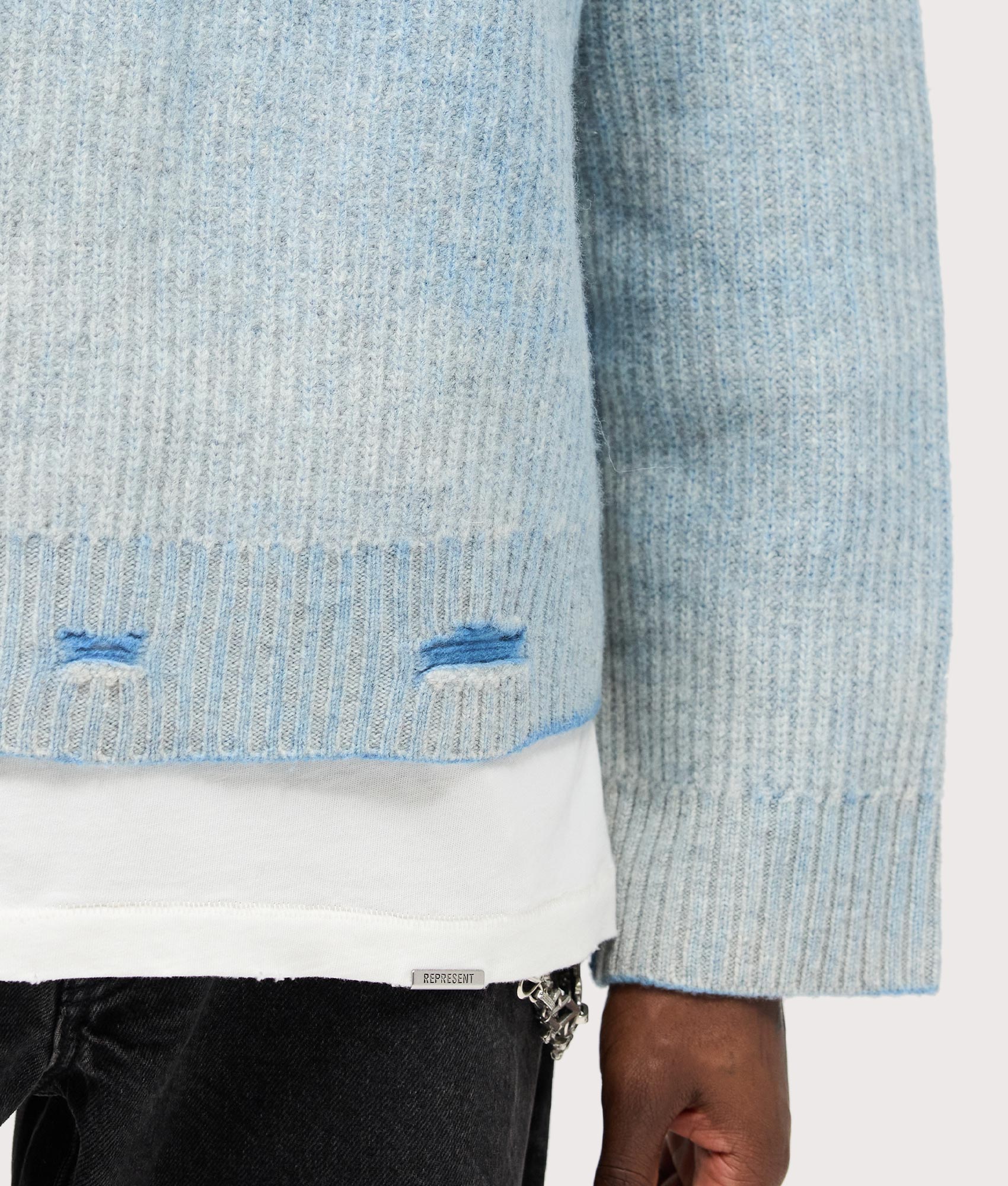 Reversible Fade Out Sweatshirt by Represent in Cloud. Shot by EQVVS. detail  model shot.