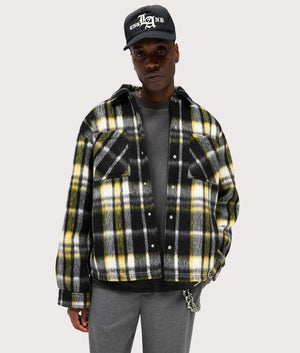 Textured Flannel Overshirt by Represent in Black. Shot by EQVVS. Front model shot.