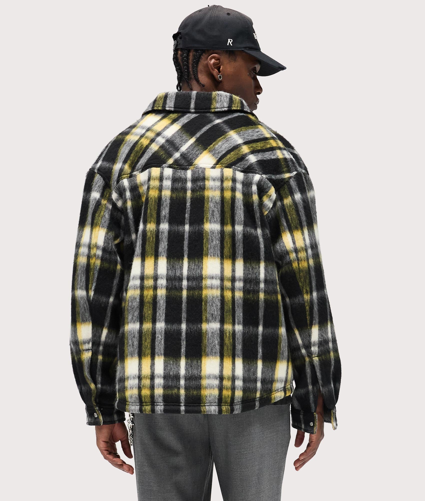 Textured Flannel Overshirt by Represent in Black. Shot by EQVVS. Back model shot.
