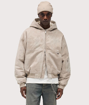 Hooded Bomber Jacket by Represent in Beige. Shot by EQVVS. Front model shot.