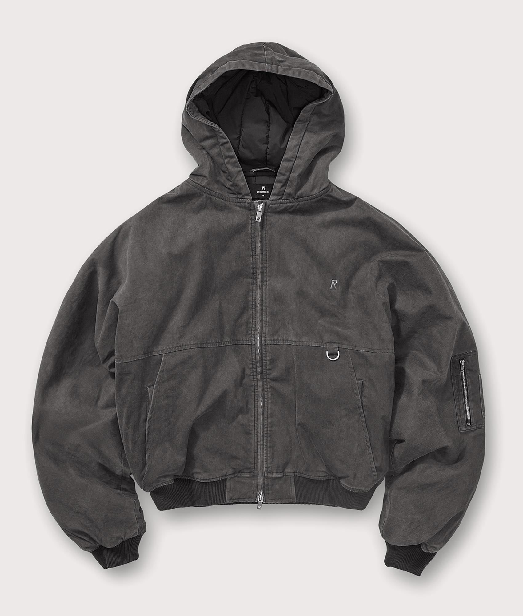 Hooded Bomber Jacket by Represent in Washed Black. Shot by EQVVS. Front flat shot.