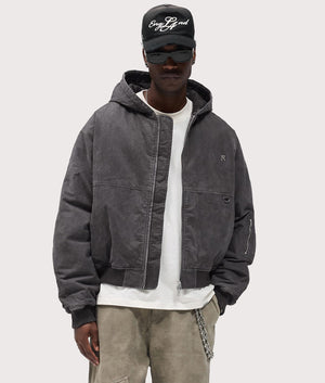 Hooded Bomber Jacket by Represent in Washed Black. Shot by EQVVS. Front model shot.