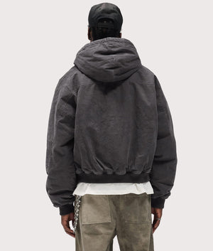 Hooded Bomber Jacket by Represent in Washed Black. Shot by EQVVS. Back model shot.