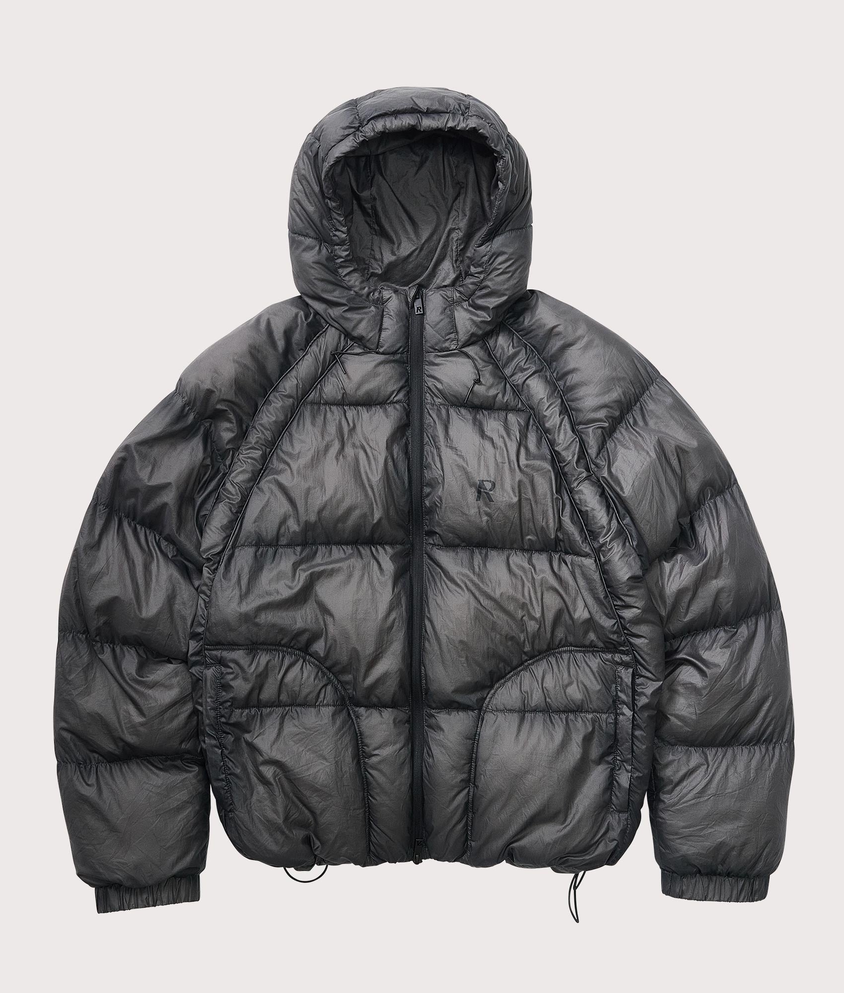 Translucent Hooded Puffer Coat by Represent in Washe Balck. Shot by EQVVS. Front flat shot.