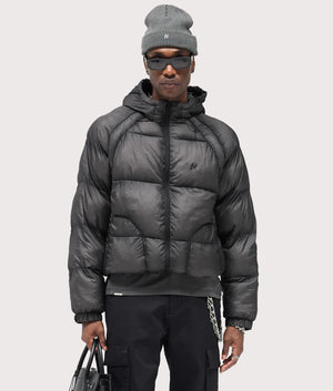 Translucent Hooded Puffer Coat by Represent in Washe Balck. Shot by EQVVS. Front model shot.