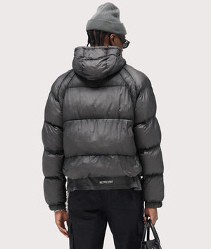 Translucent Hooded Puffer Coat by Represent in Washe Balck. Shot by EQVVS. Back model shot.