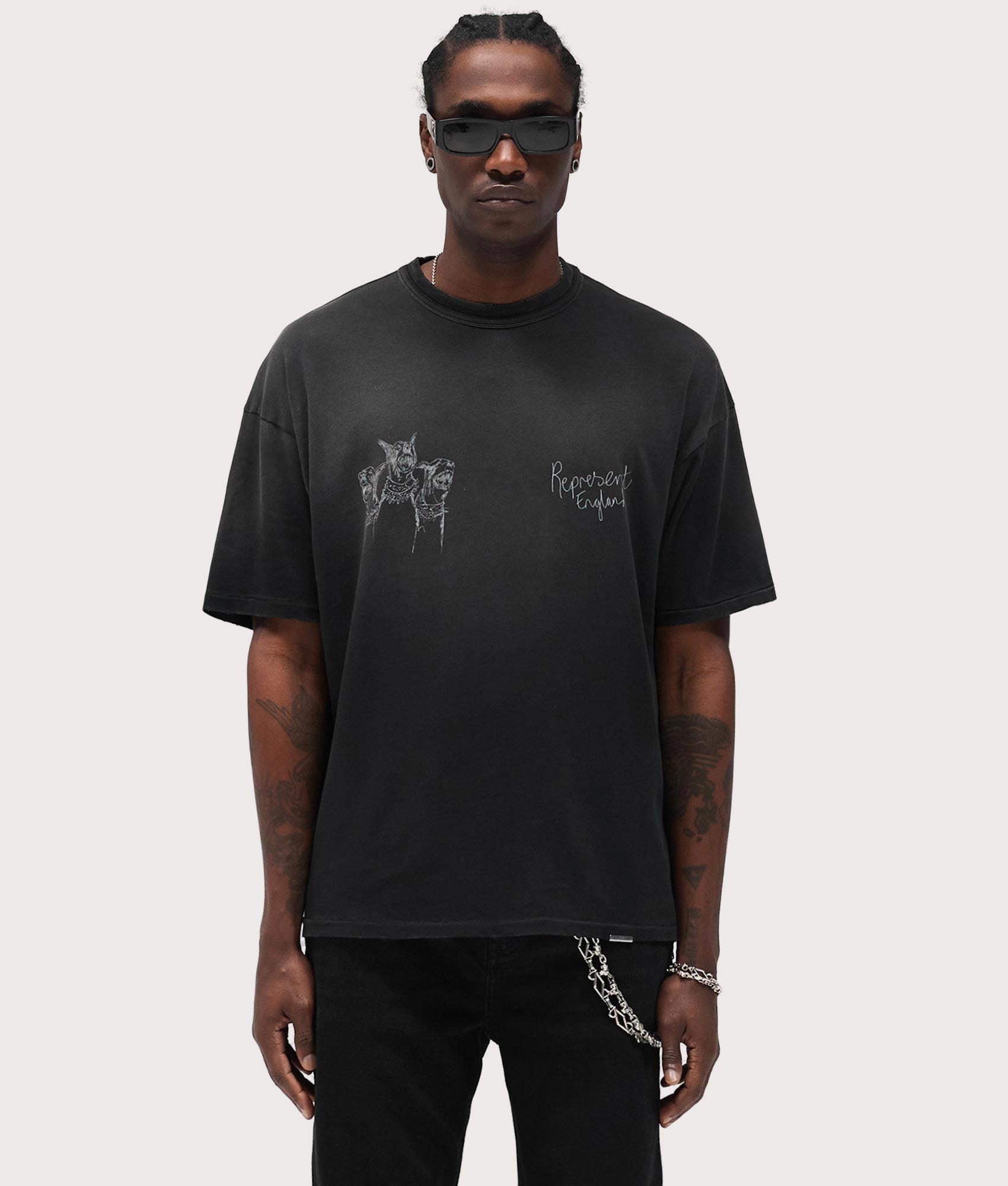 Relaxed Fit Hand Drawn Thoroughbred in Aged Black. 100% Cotton | REPRESENT | EQVVS | Front model shot 1