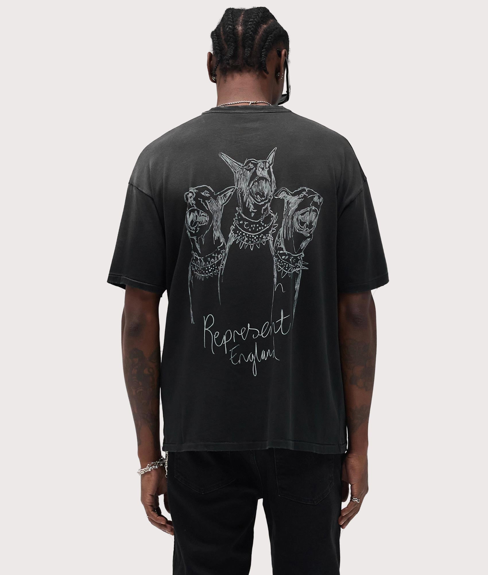 Relaxed Fit Hand Drawn Thoroughbred in Aged Black. 100% Cotton | REPRESENT | EQVVS | Back model shot 