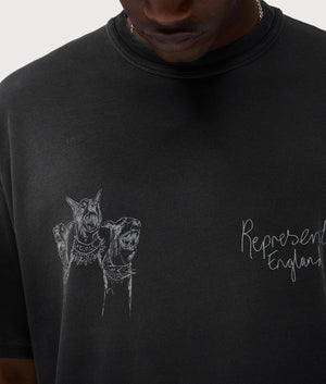 Relaxed Fit Hand Drawn Thoroughbred in Aged Black. 100% Cotton | REPRESENT | EQVVS | Front model detail shot 
