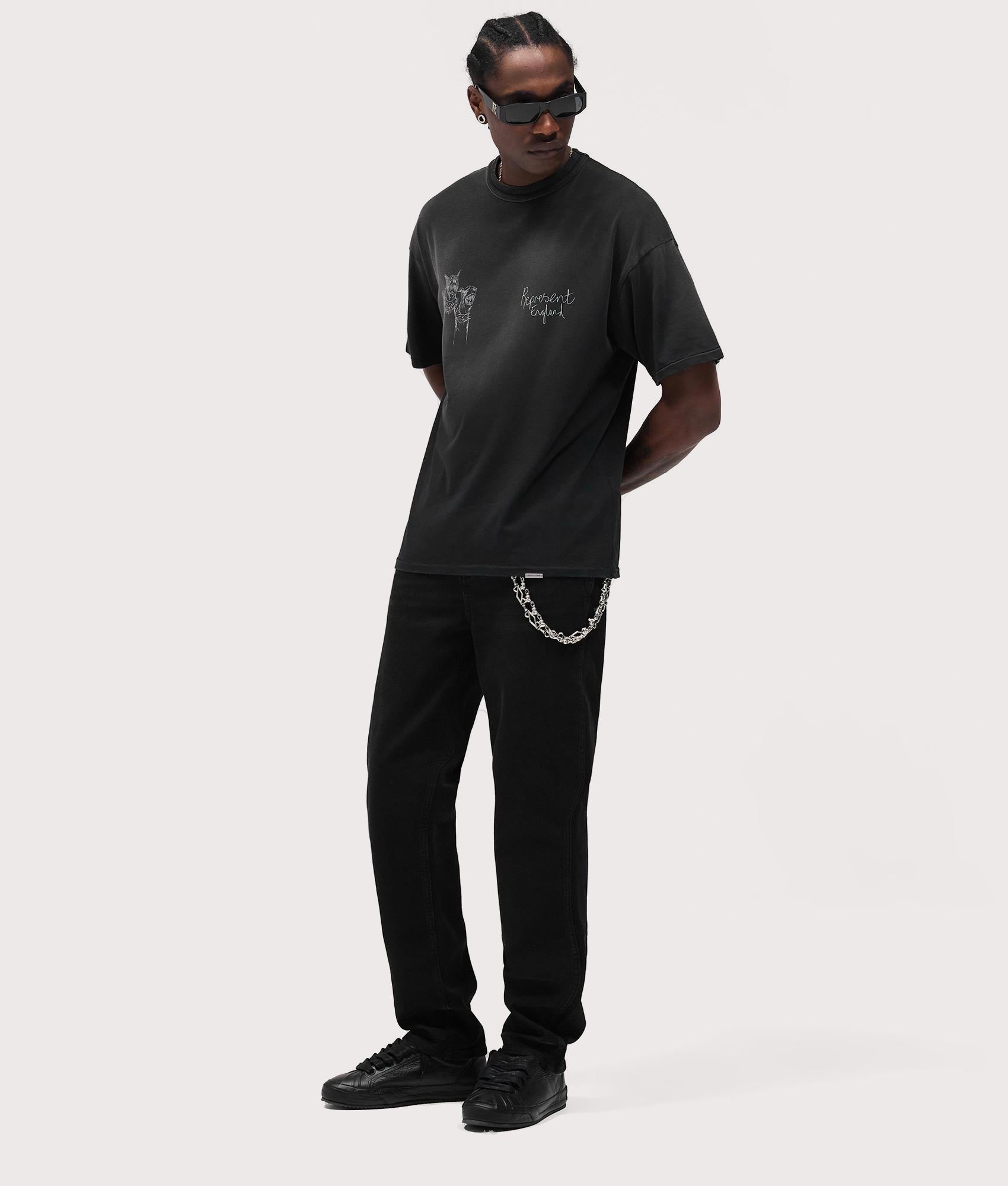 Relaxed Fit Hand Drawn Thoroughbred in Aged Black. 100% Cotton | REPRESENT | EQVVS | Front model shot 2