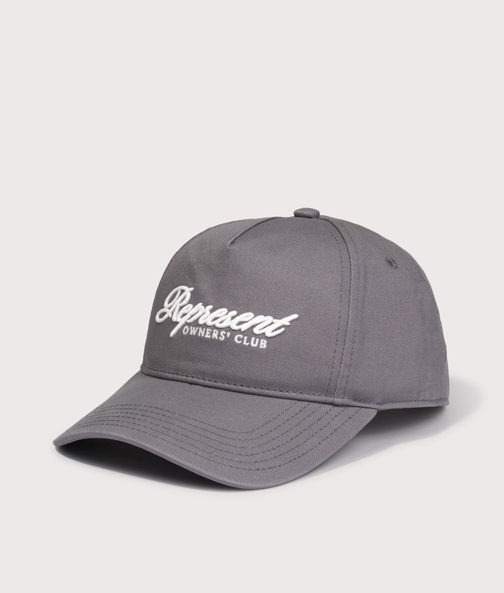 Represent Owners Club Script Cap in Slate at EQVVS Menswear. Angled front shot.