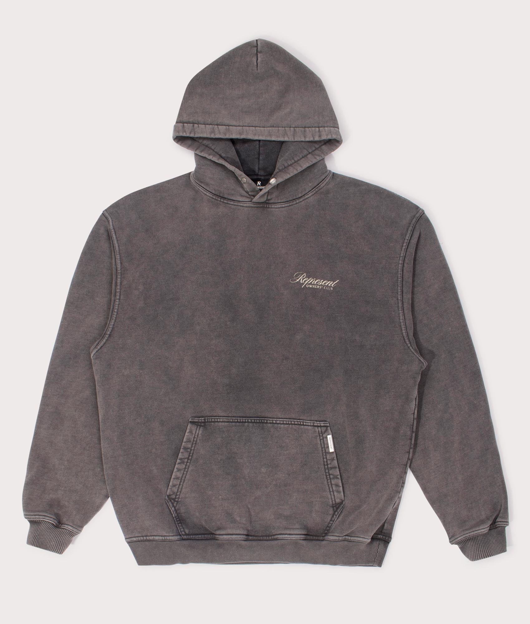 REPRESENT Owners Club Script Hoodie in Vintage Grey at EQVVS Menswear. Front shot.