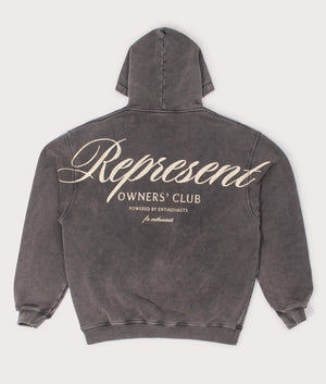 REPRESENT Owners Club Script Hoodie in Vintage Grey at EQVVS Menswear. Back shot.