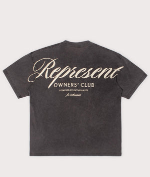 REPRESENT Owners Club Script T-Shirt in Vintage Grey at EQVVS Menswear. Back shot.
