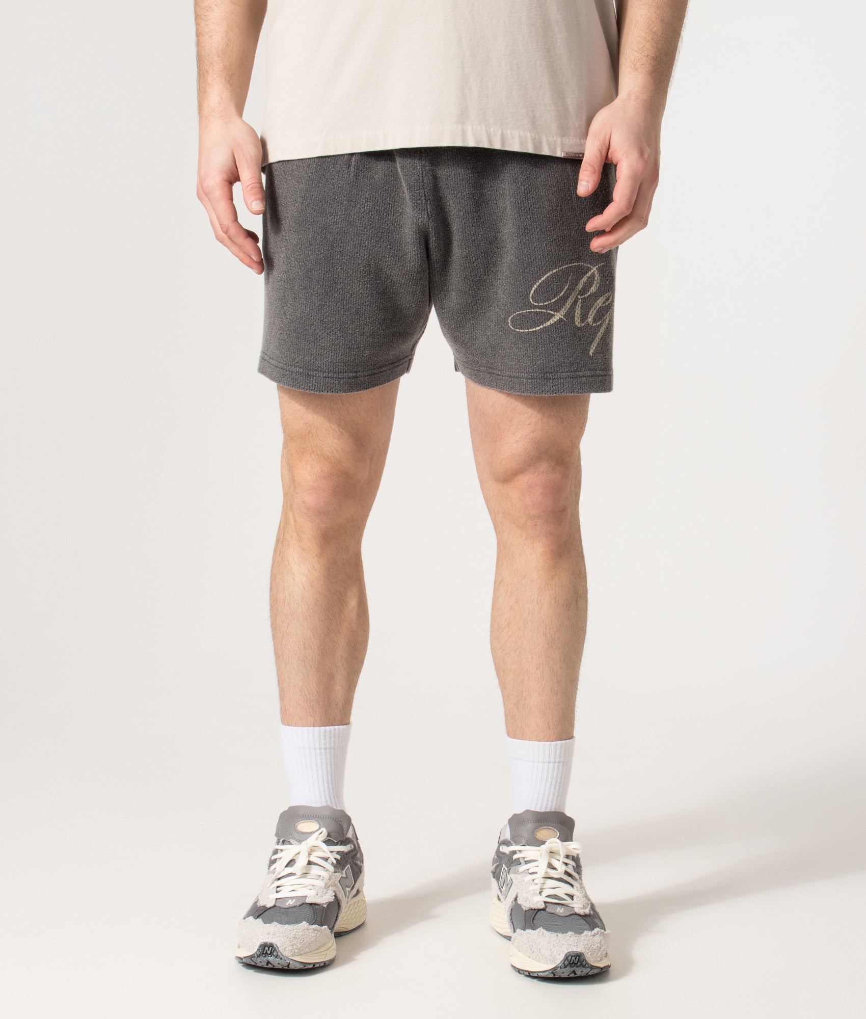Owners’ Club Script Shorts in Vintage Grey | 100% Cotton | REPRESENT | EQVVS | Front model shot 
