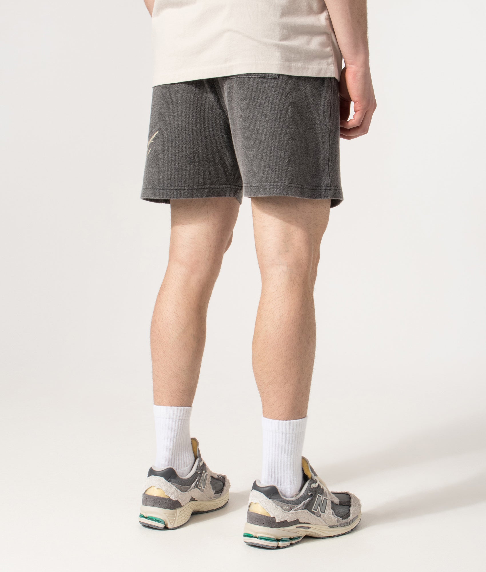 Owners’ Club Script Shorts in Vintage Grey | 100% Cotton | REPRESENT | EQVVS | Back angle model shot 