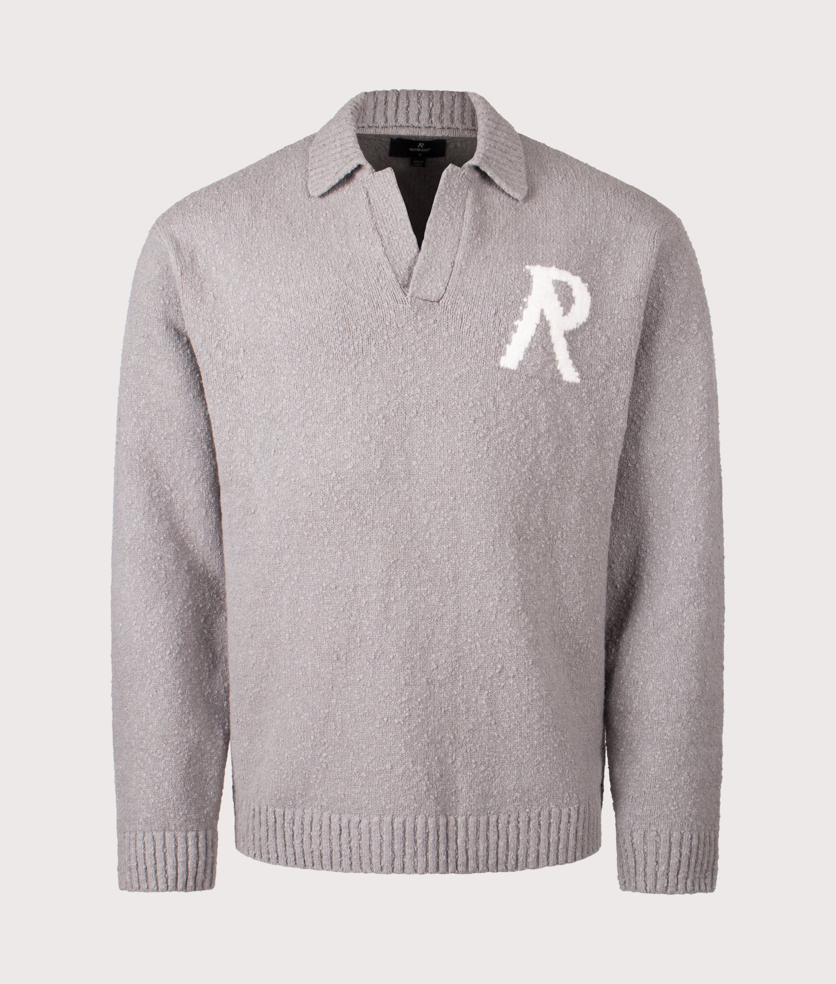 REPRESENT Knitted Boucle Long Sleeve Polo Shirt in Grey at EQVVS Menswear. Front shot.