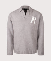 Relaxed Fit Knitted Boucle Long Sleeve Polo Shirt: 47 Grey 