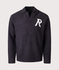 Relaxed Fit Knitted Boucle Long Sleeve Polo Shirt: 01 Jet Black 