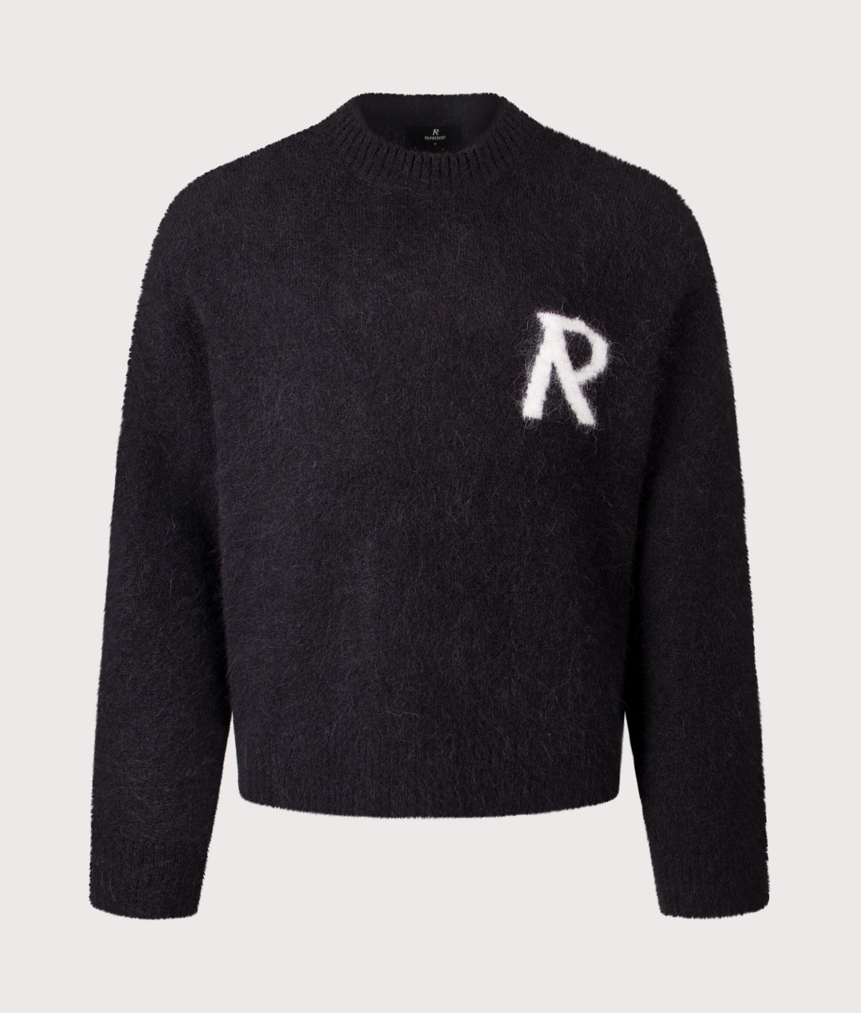REPRESENT Logo Knit Sweatshirt in Jet Black at EQVVS Menswear. Front shot.