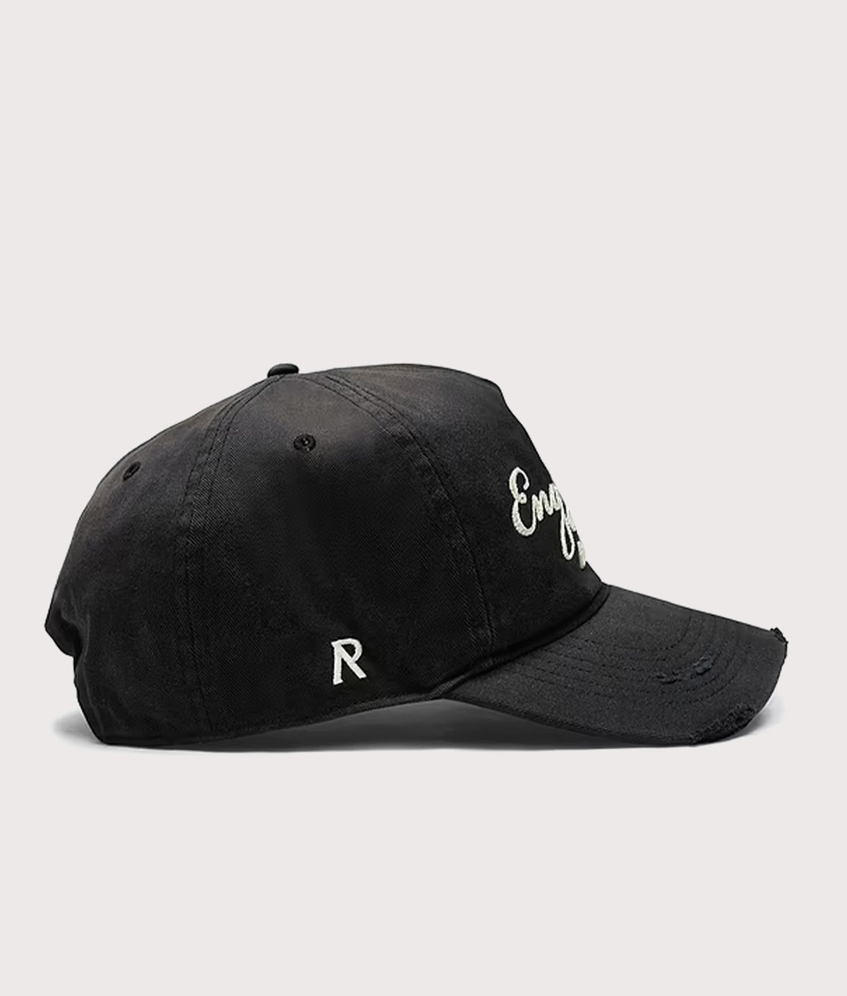 Represent X 47 EngLAnd Cap in Aged Black at EQVVS Menswear. Side shot.