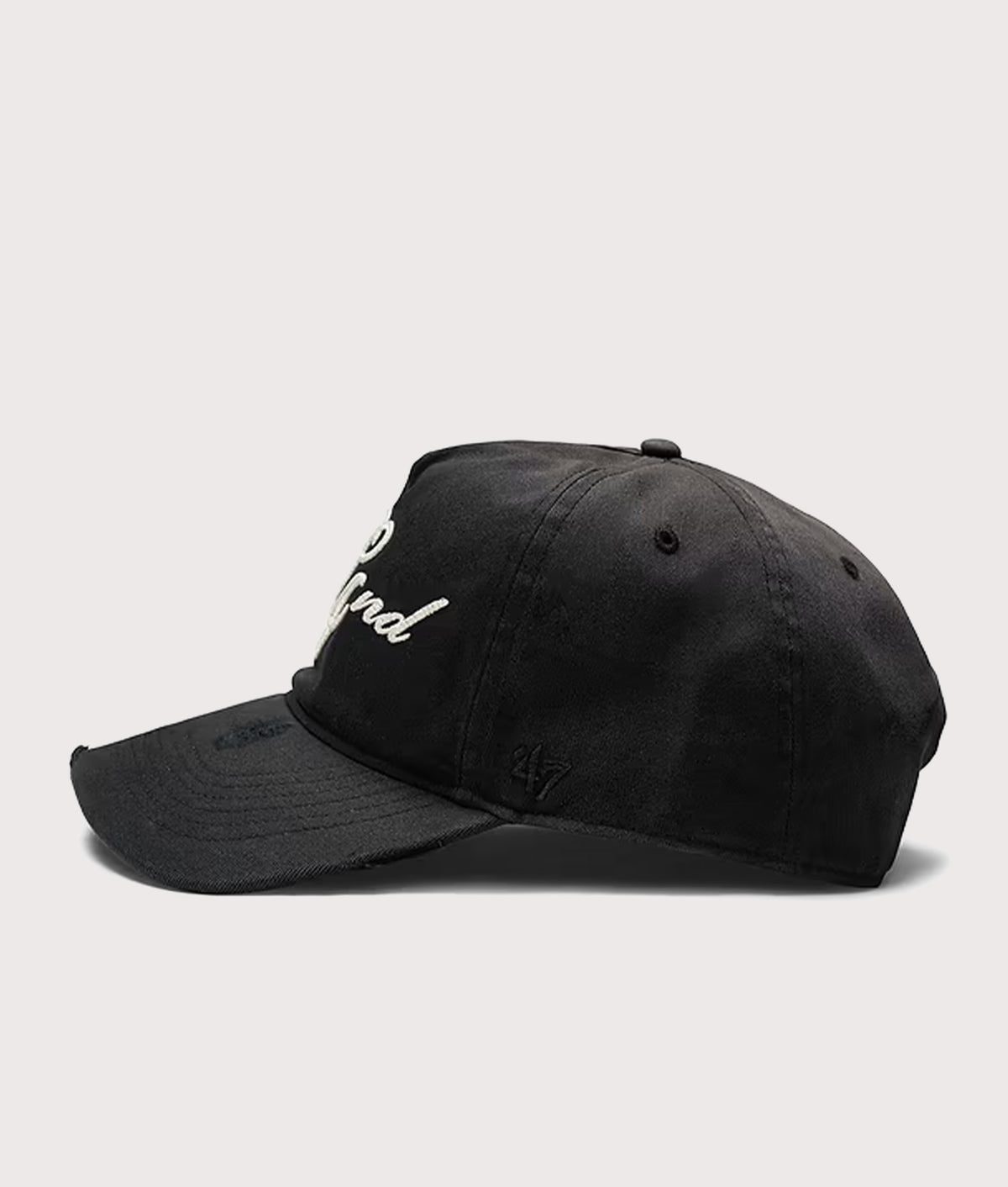 Represent X 47 EngLAnd Cap in Aged Black at EQVVS Menswear. Side shot.