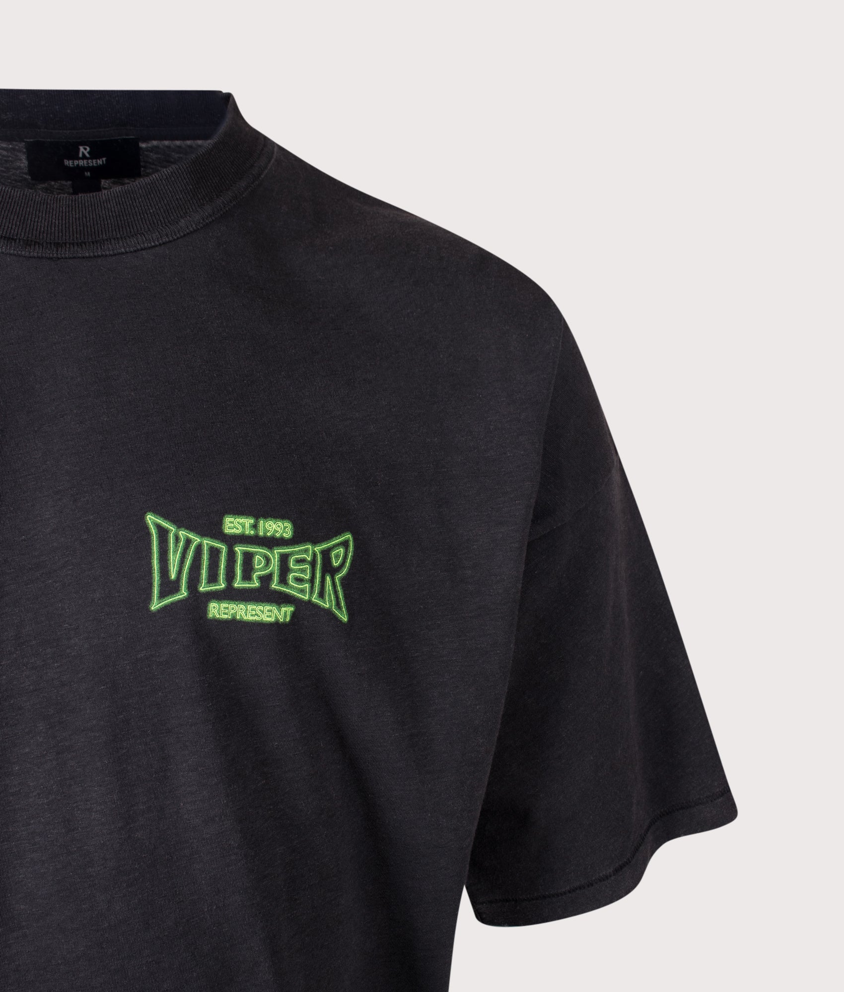 The Viper Room Glow T-Shirt in Vintage Black by REPRESENT. Shot by EQVVS. Detail shot.